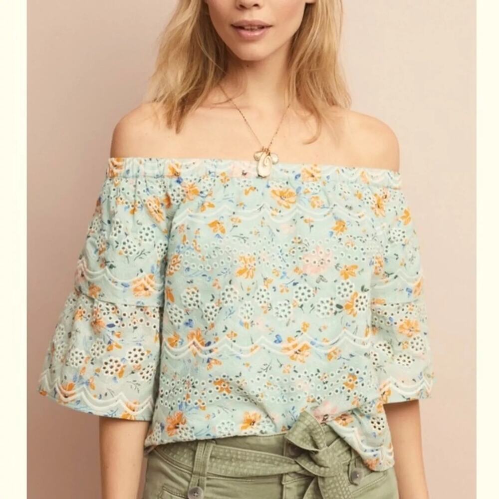 ANTHRO Laia Ashtabula Off-The-Shoulder Cotton Eyelet Blue Floral Blouse SZ Small